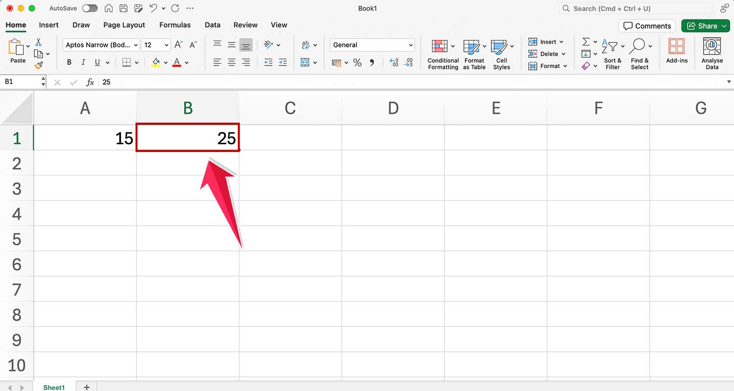 put 25 in cell b1 in ms excel
