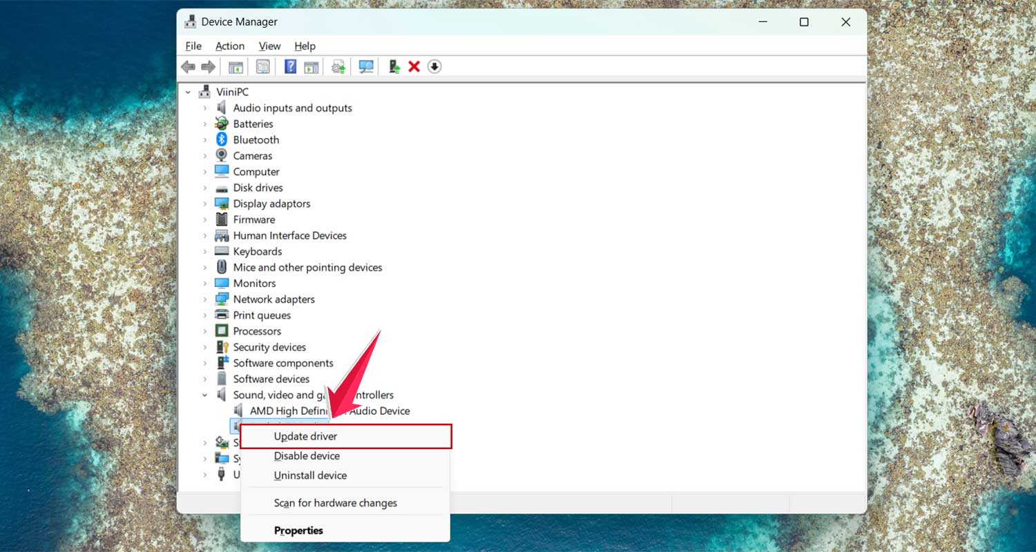 right click on audio driver and then choose update driver in windows