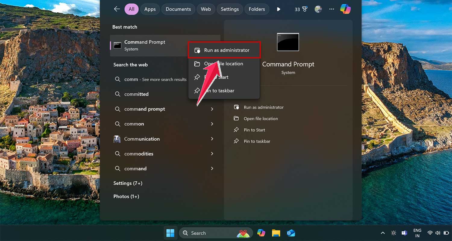 right click on command prompt and click on run as administrator in windows