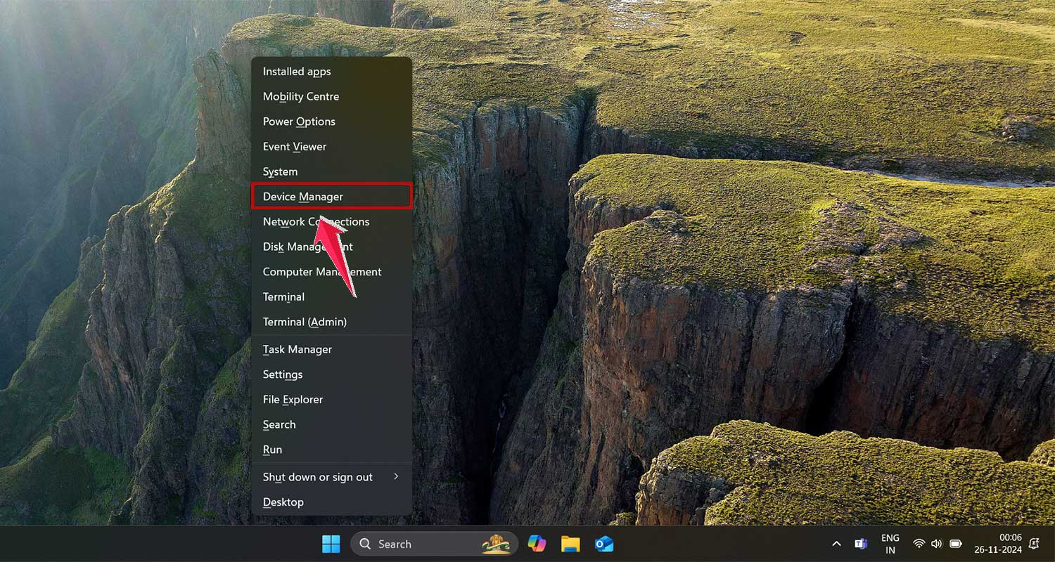 right click on start button and then click on device manager in windows