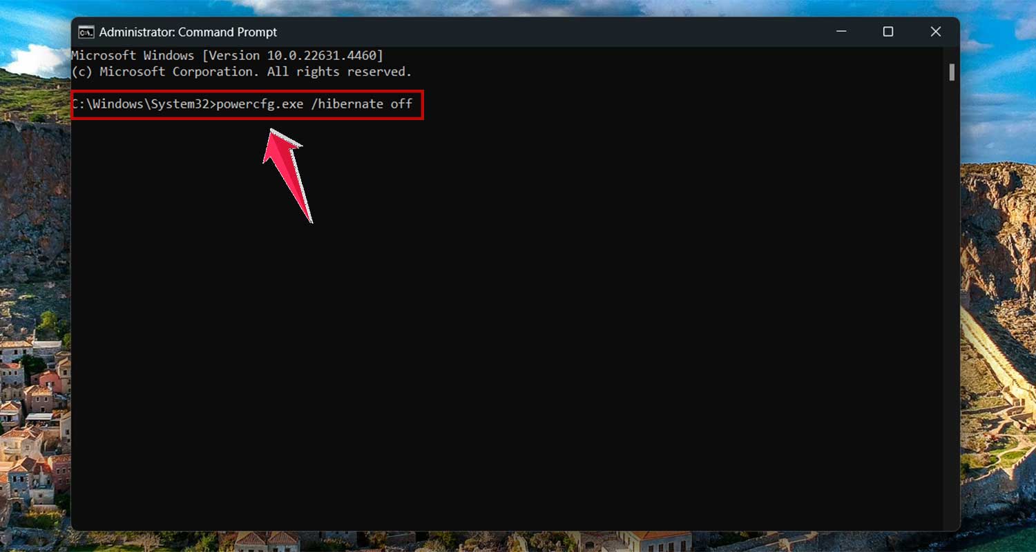 run hidernate off command in cmd in windows