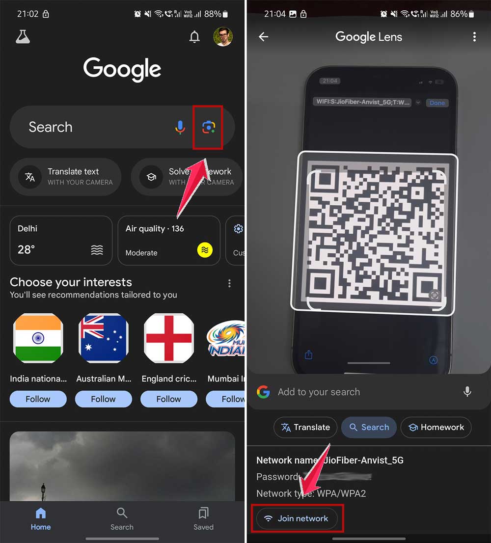 scan qr in google app and click on join network in android