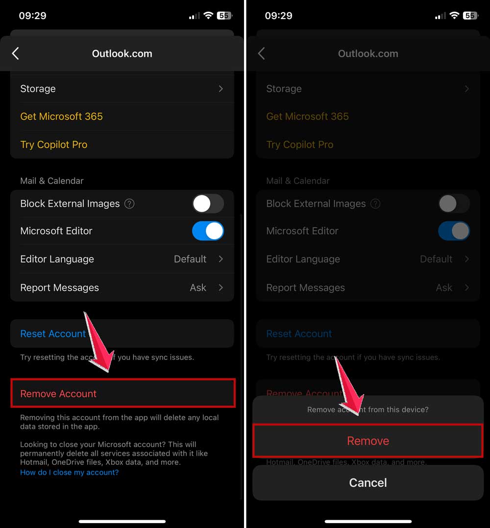 scroll down and click on remove account and then click on remove to confirm in outlook app scroll down and click on remove account and then click on remove to confirm in outlook app