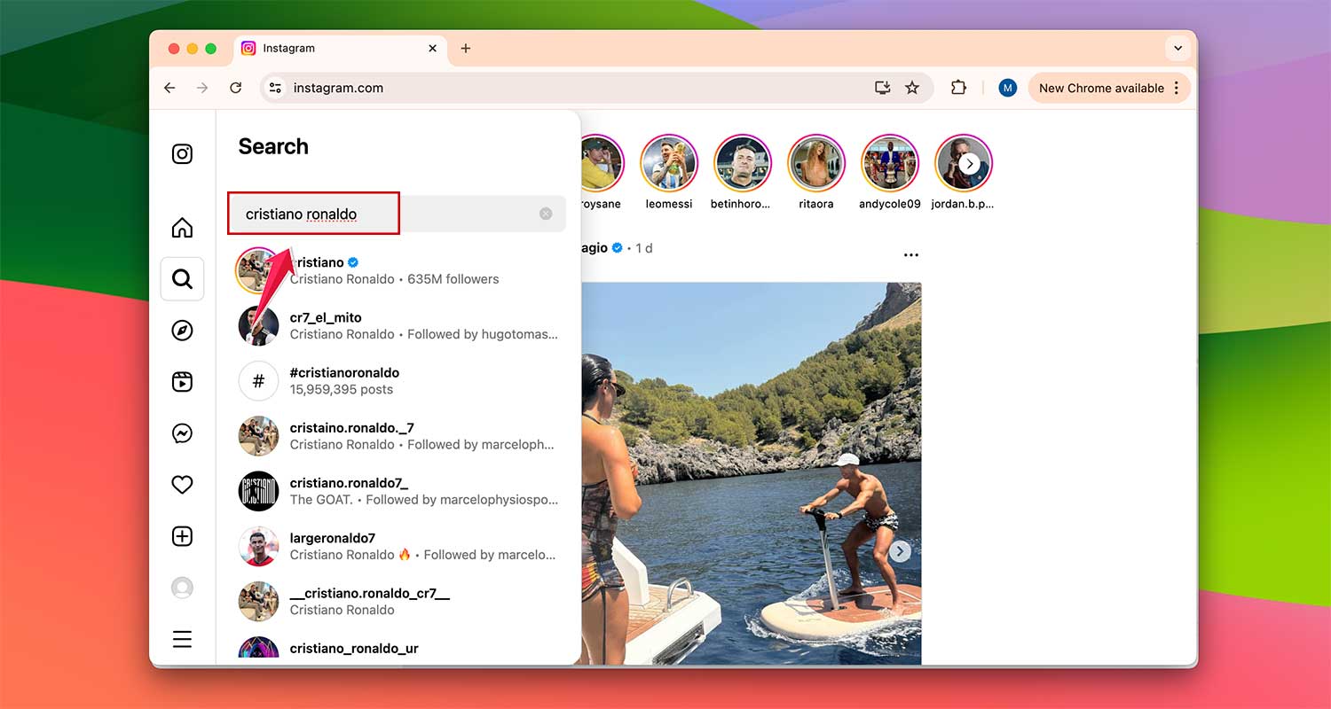 search by name in instagram searchbox on web