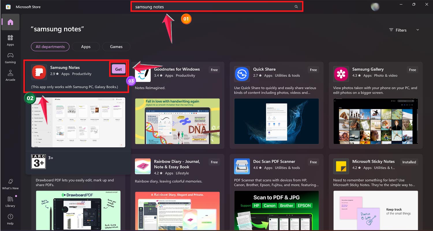 search samsung notes tap on the application then click on get button