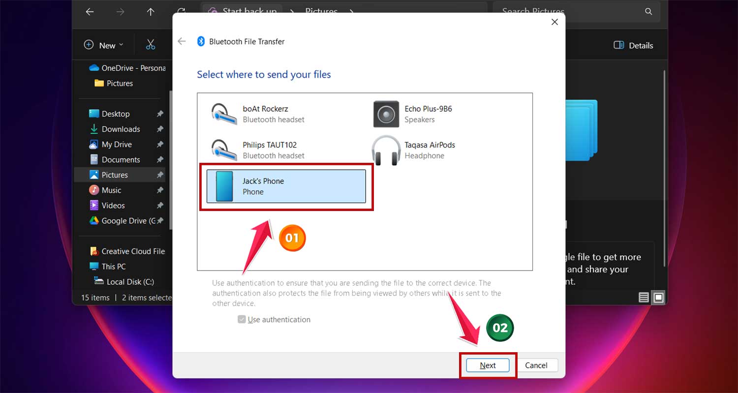 select device and then click on next in bluetooth file transfer windows in windows