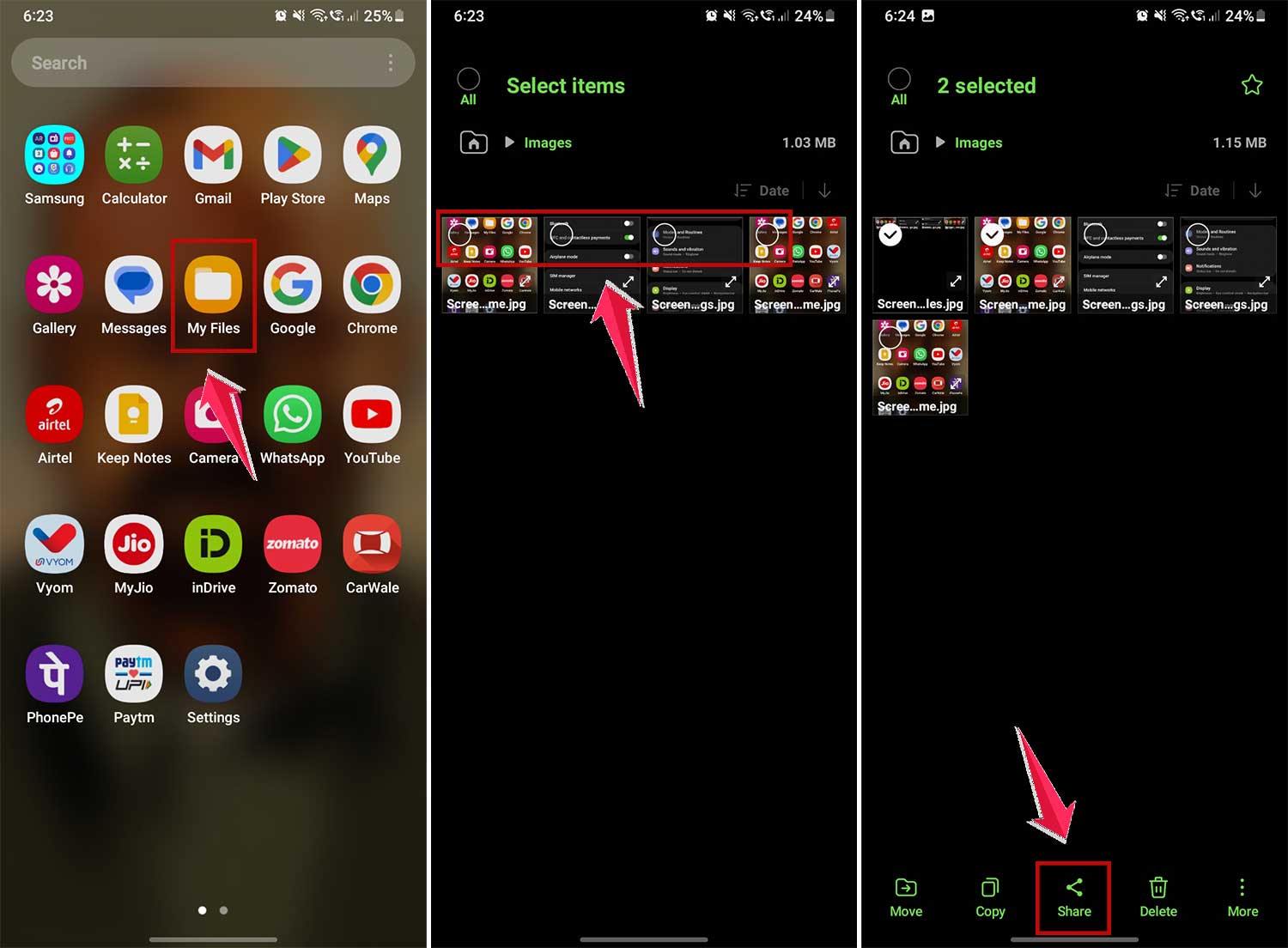 select files and click on share icon in my files app in android