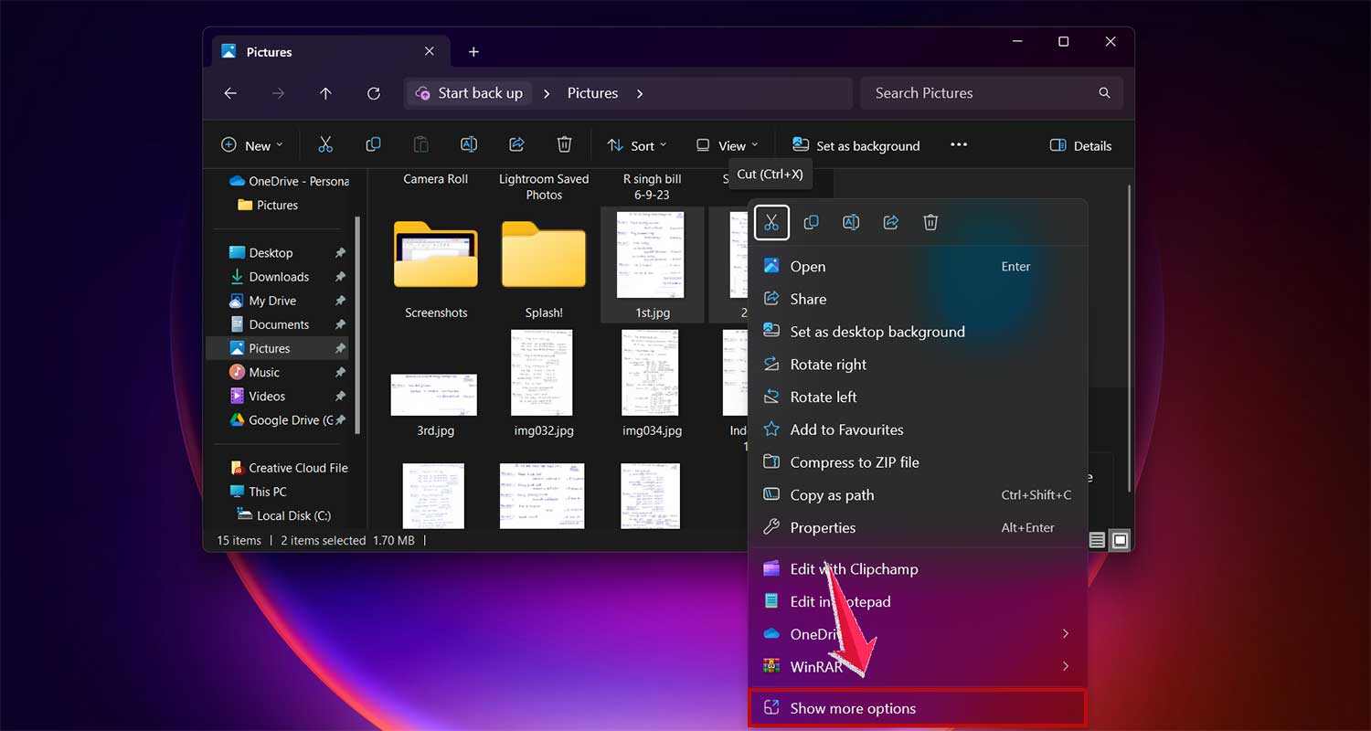 select files, right click and choose show more options from the menu in windows