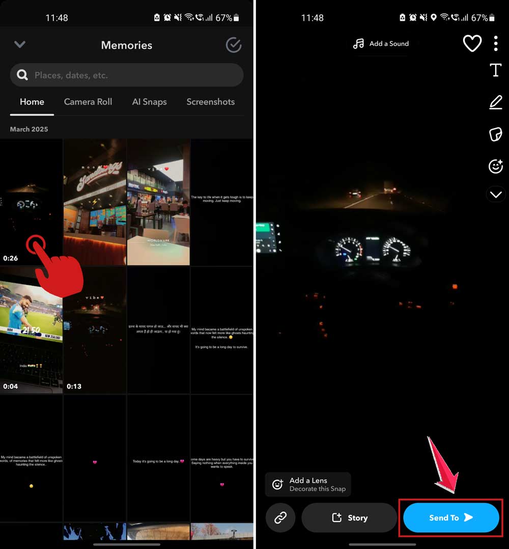 select snap and then tap on send to option in snapchat app