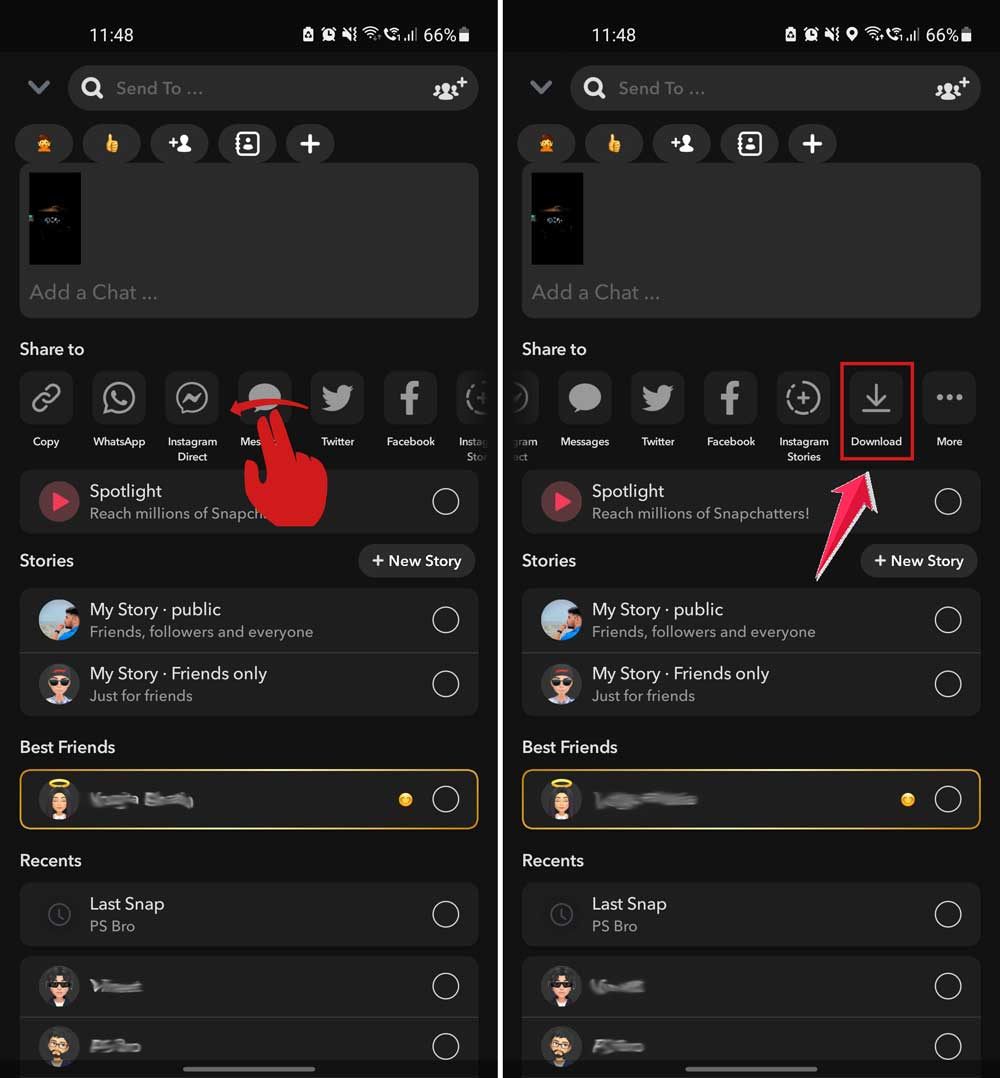 swipe left and then tap on download option in snapchat app in android