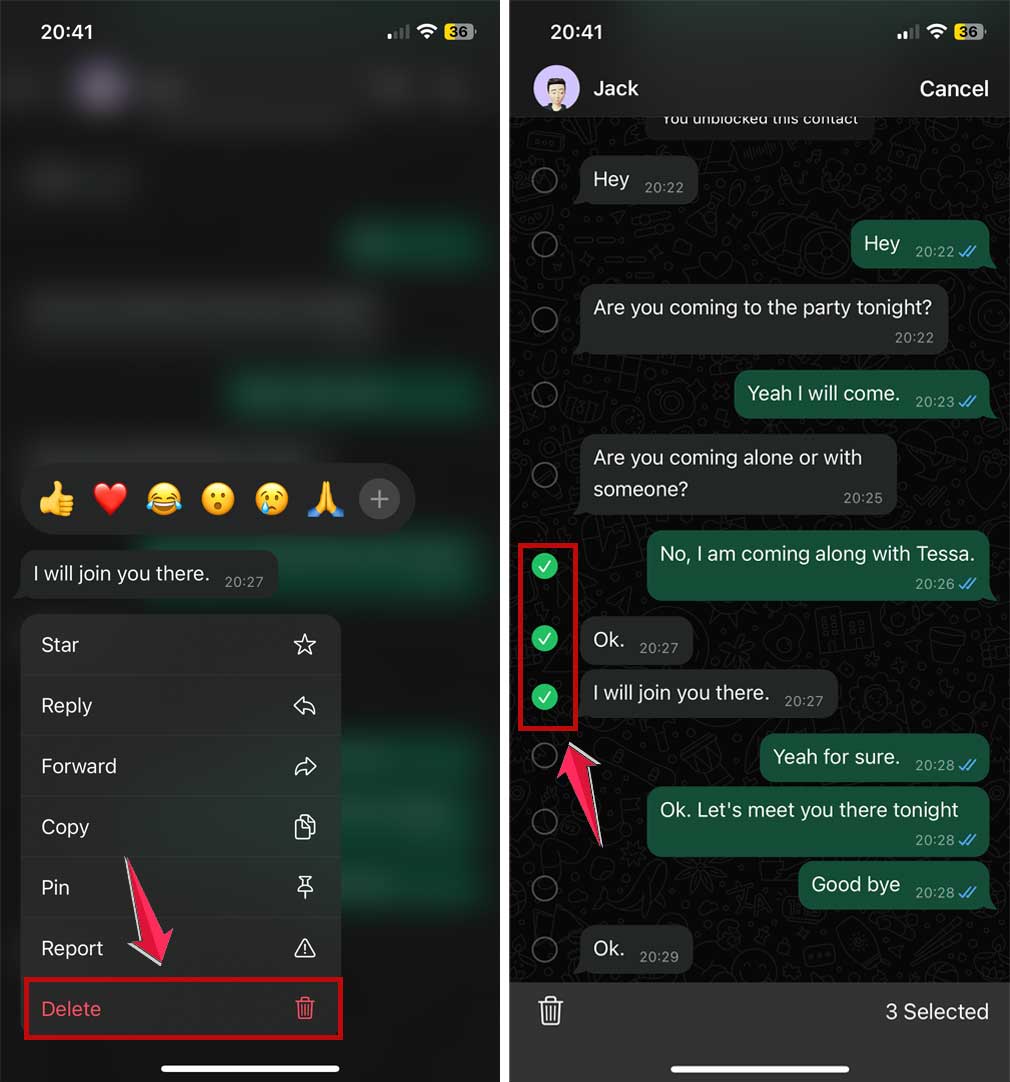 tap delete and select mesaages in whatsapp in iphone