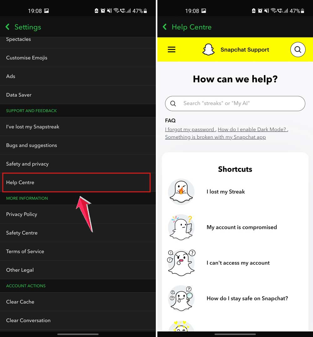 tap on help centre in settings in snapchat