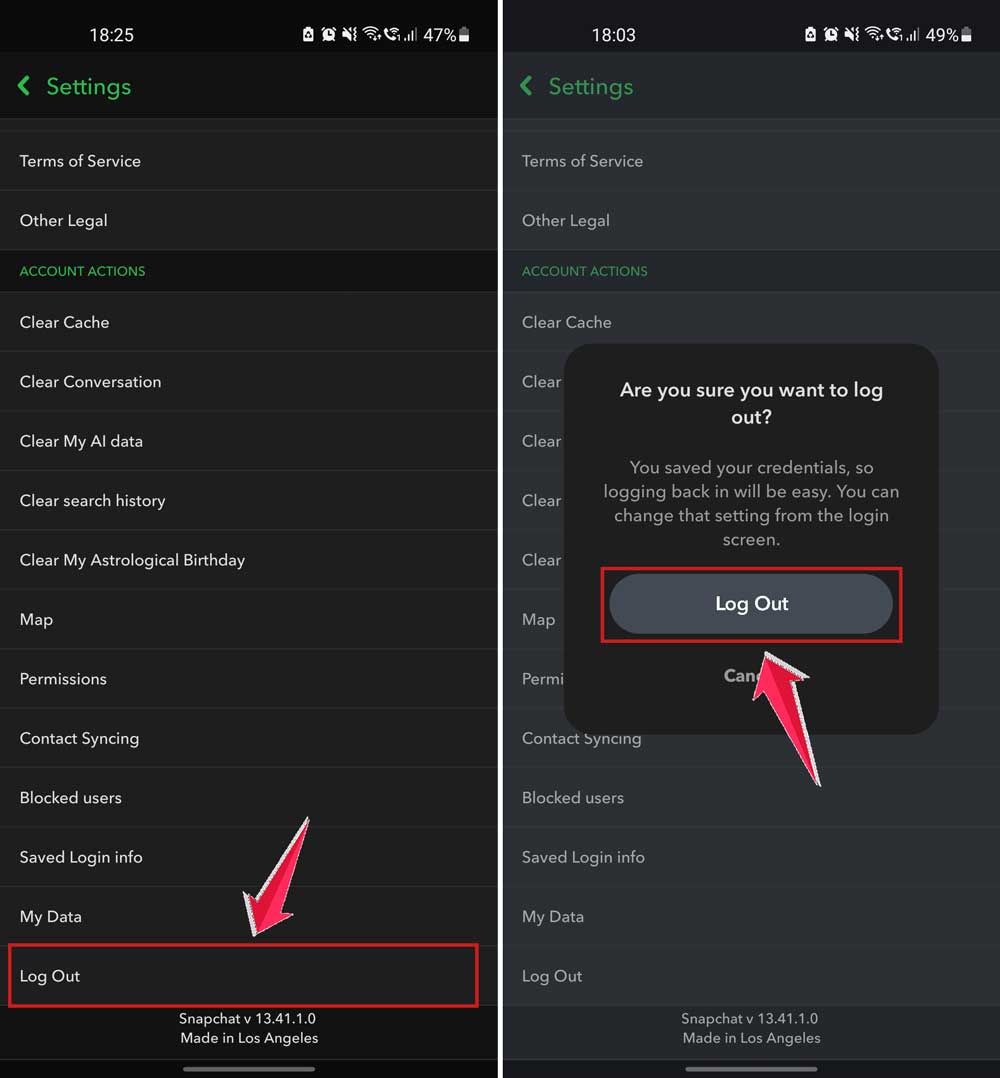 tap on logout and then again tap on it to confirm in snapchat in android