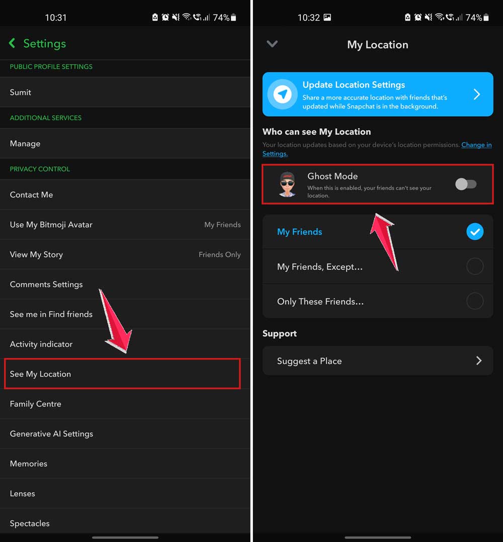 tap on see my location and then turn on ghost mode in snapchat settings