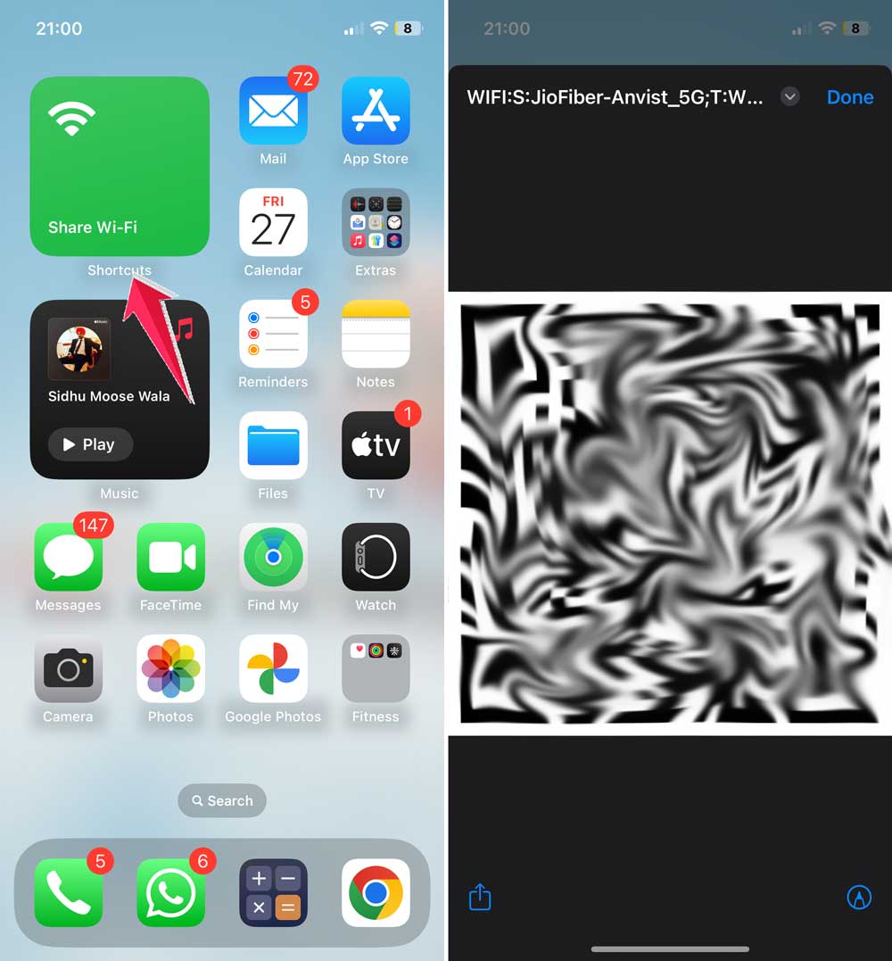 tap on share wifi shortcut in iphone