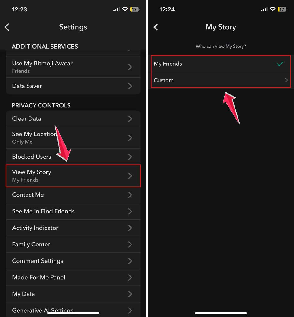 tap on view my story and then choose friend or custom in snapchat settings