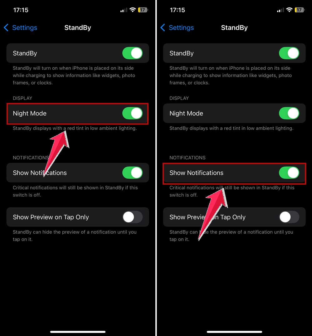 turn off night mode and show notification in standby settings in iphone