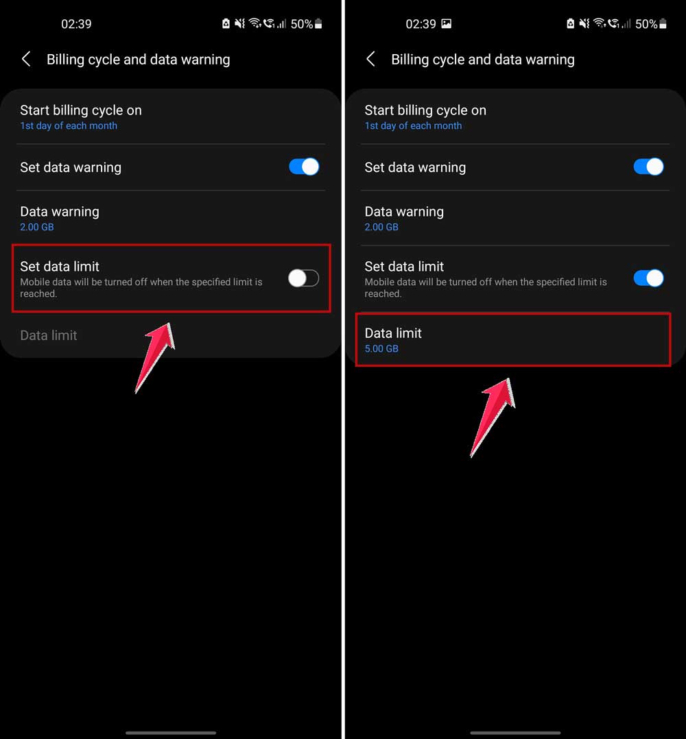 turn on data limit and then set data in settings in android