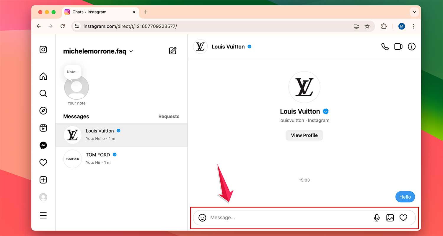 type a message in a chat on instagram.com