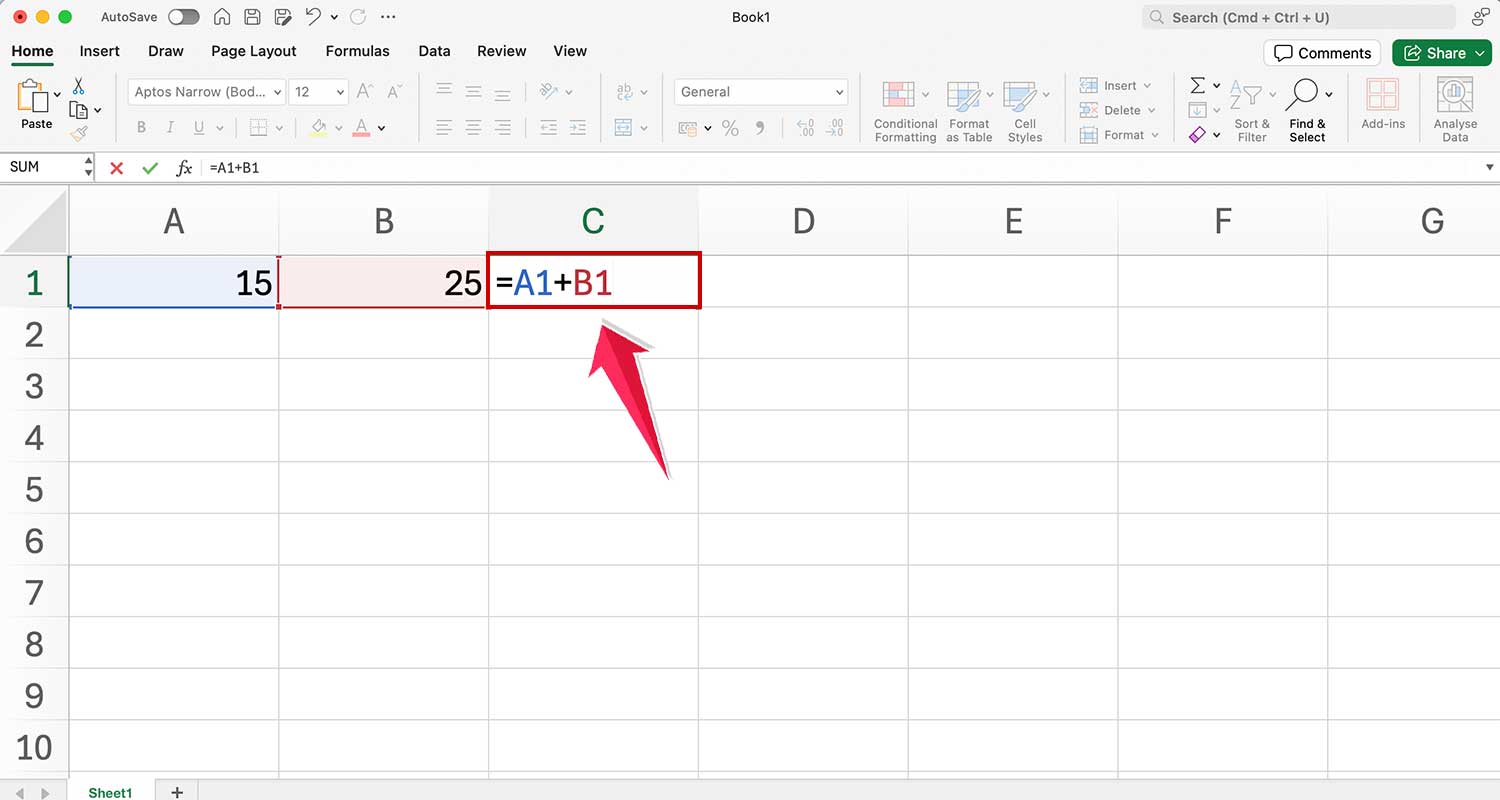 type addition formula in cell c1 in ms excel