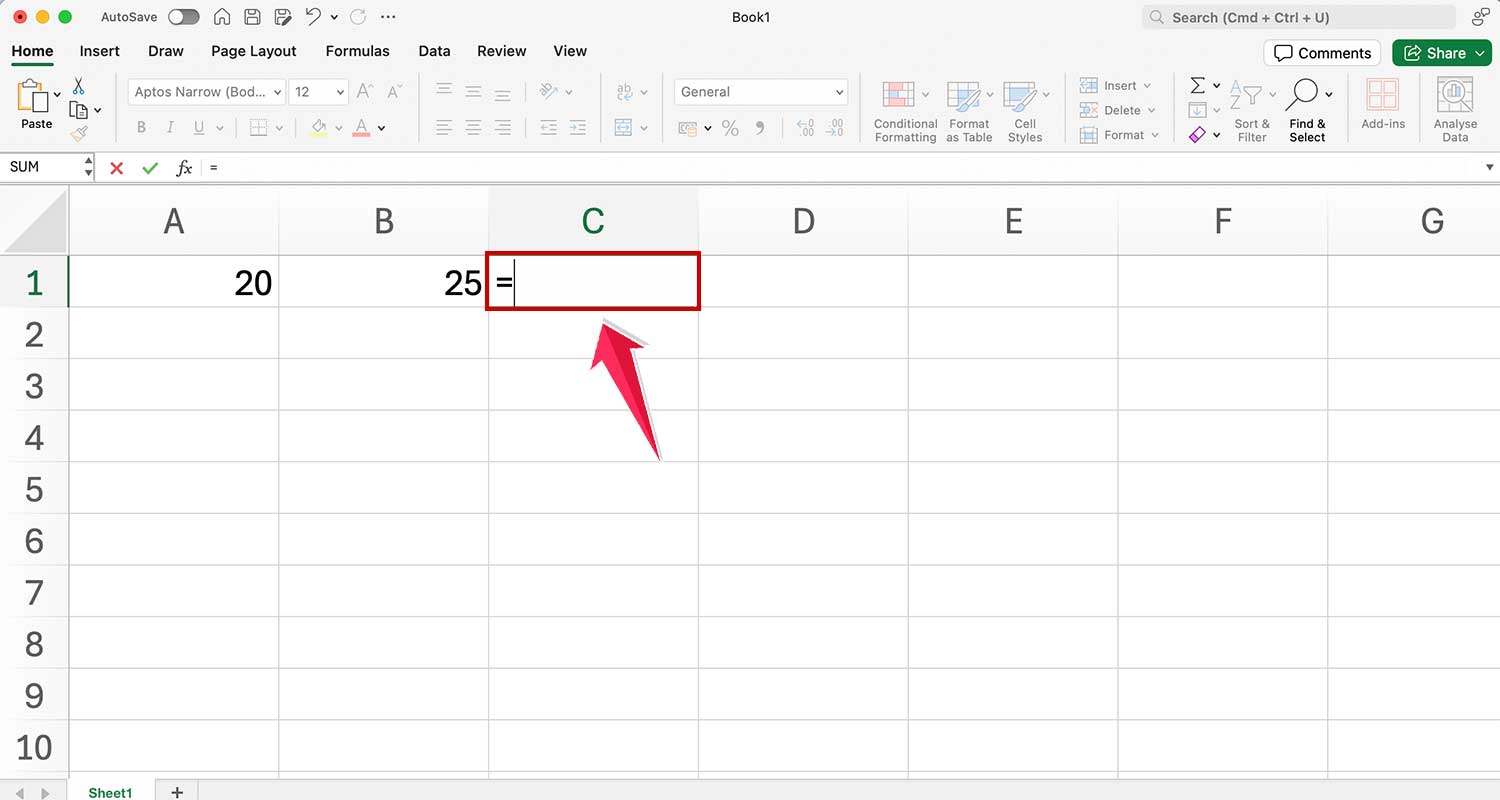 type = in cell a3 in ms excel
