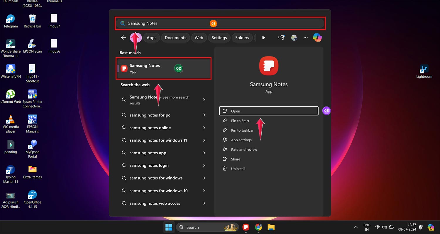 type samsung notes click on the app then open it