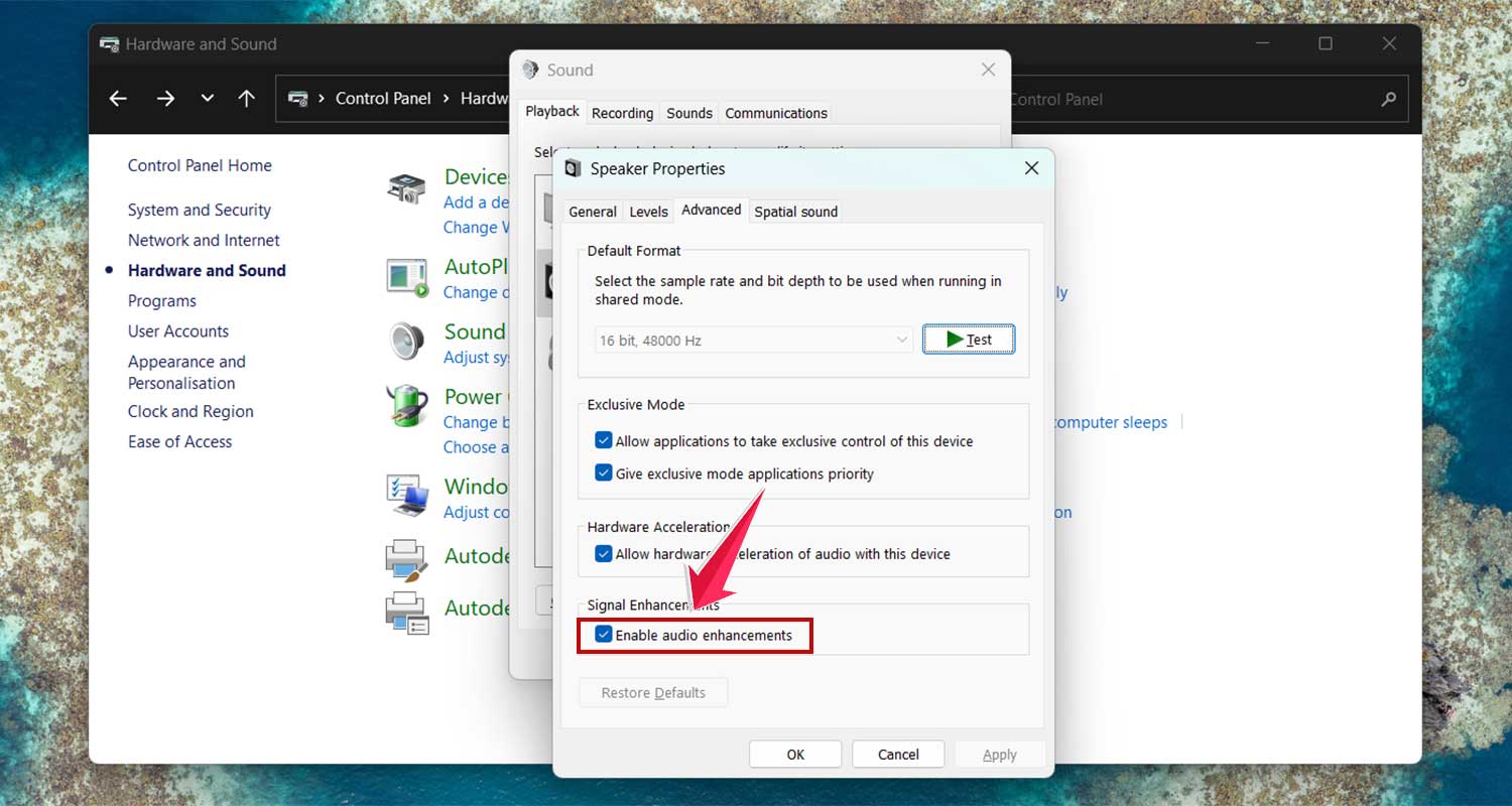 uncheck the enable audio enhancements in windows