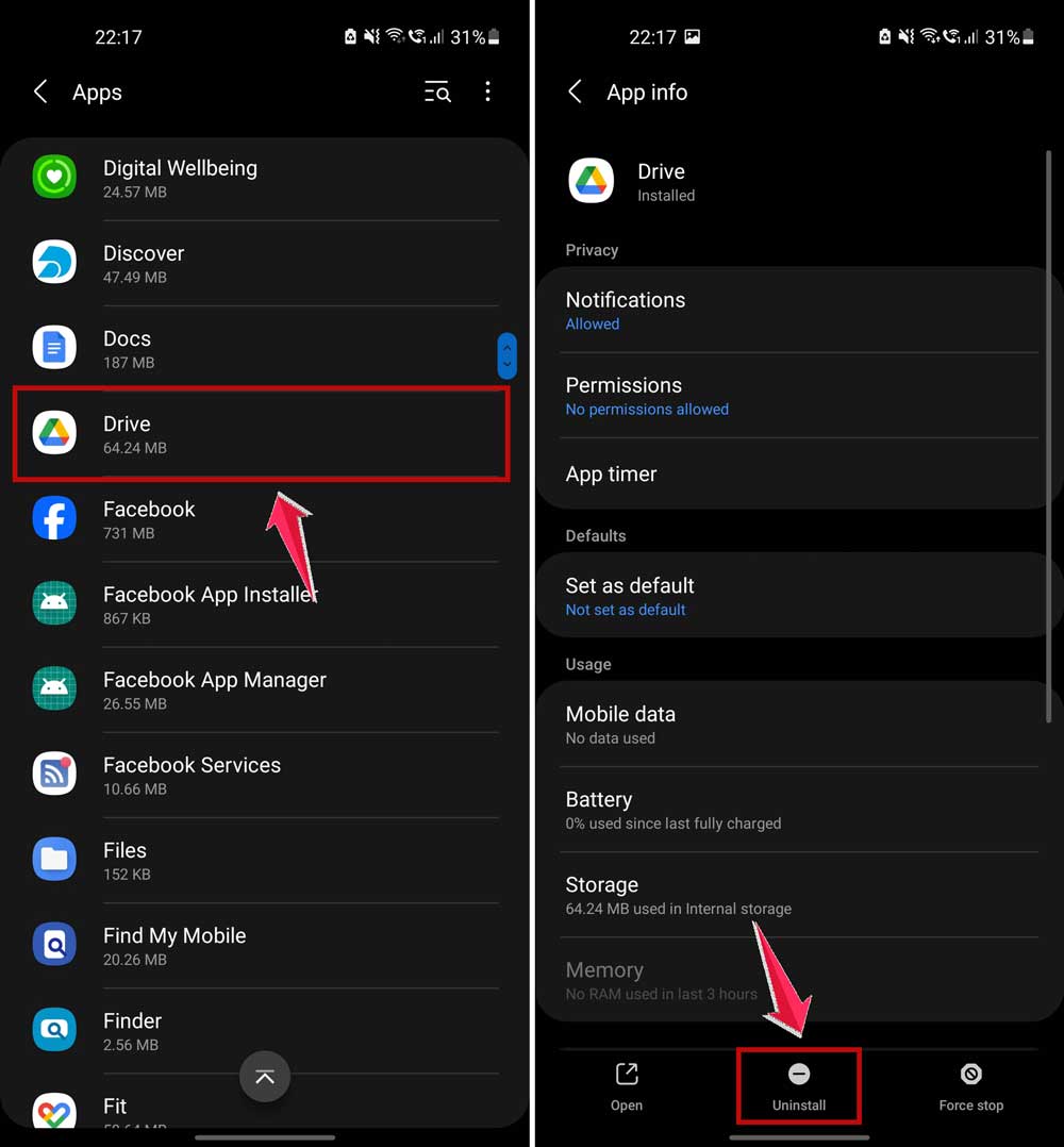 uninstall google drive in settings in android