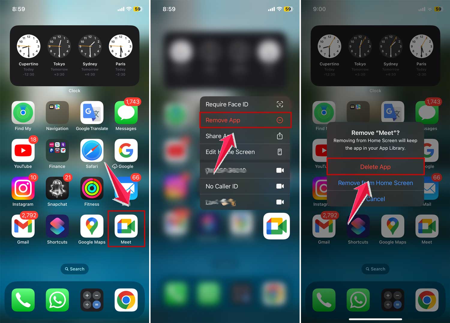 uninstall google meet app in iphone