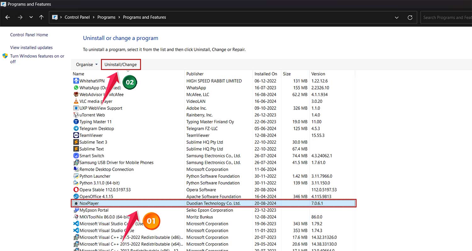 uninstall nox player in control panel in windows