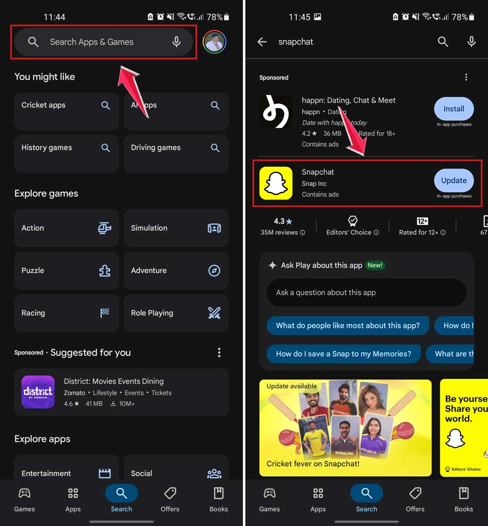 update snapchat in android